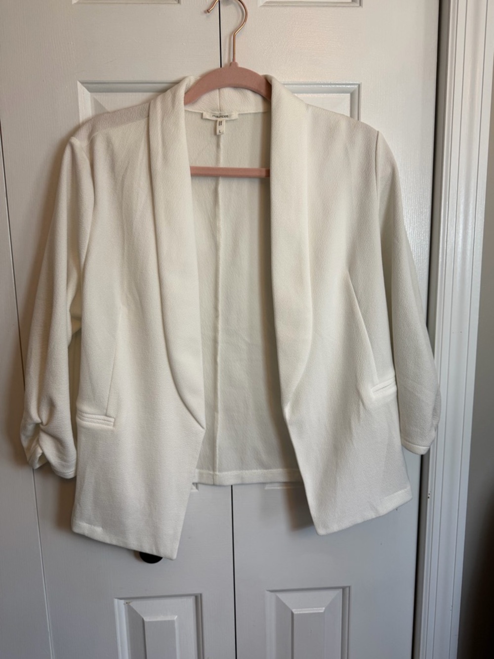 Maurices White Open Front Blazer Ruched Sleeves Size L